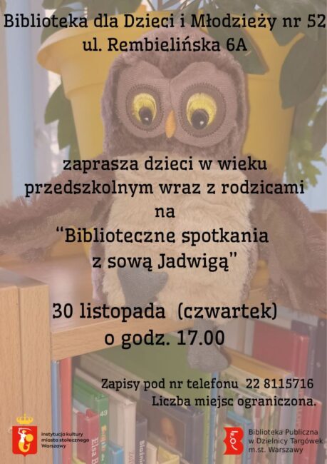 plakat promujący spotkanie biblioteczne z sową Jadwigą