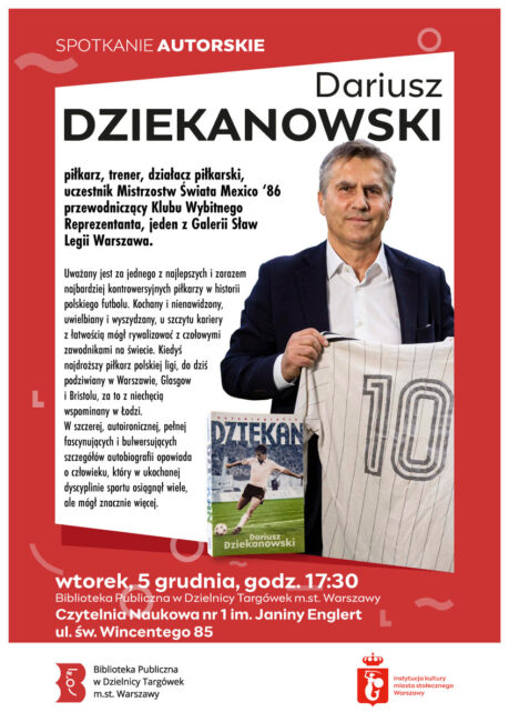 na plakacie zdjęcie piłkarza trzymającego koszulkę, obok niego jego książka