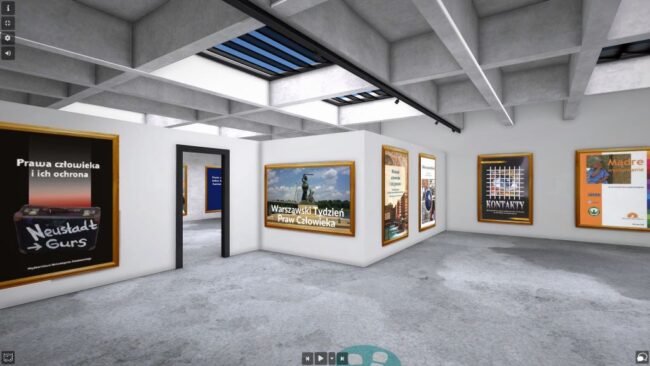 wirtualna sala, na ścianach okładki książek poświęconych prawom człowieka