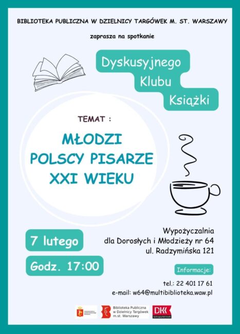 plakat promujący spotkanie dyskusyjnego klubu książki; na plakacie obrazek - filiżanka kawy