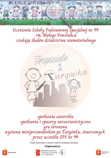 na plakacie dzieci z lupą, w tle wysokie budynki, plakat promuje projekt Tropiciele z Targówka