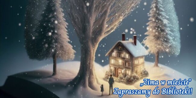 ośnieżona książka, a na niej drzewo, domek i dwie osoby, napis zapraszamy na zimę w mieście