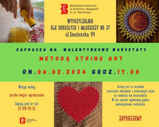 plakat promujący warsztaty string art; na plakacie serca