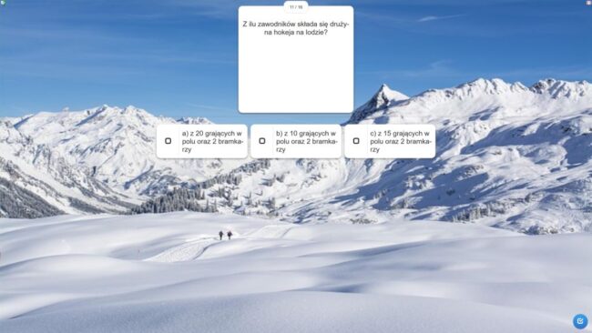 jedno z pytań quizu: Z ilu zawodników składa się drużyna hokeja na lodzie? a) z 20 grających w polu oraz 2 bramkarzy b) z 10 grających w polu oraz 2 bramkarzy c) z 15 grających w polu oraz 2 bramkarzy