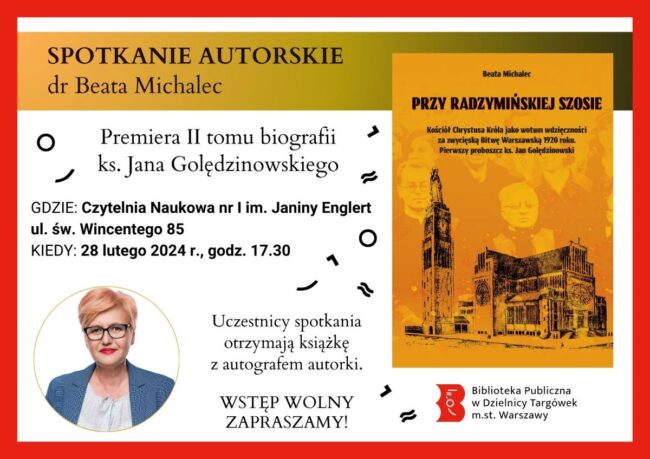na plakacie zdjęcie dr Beaty Michalec i okładka jej książki o ks. Golędzinowskim