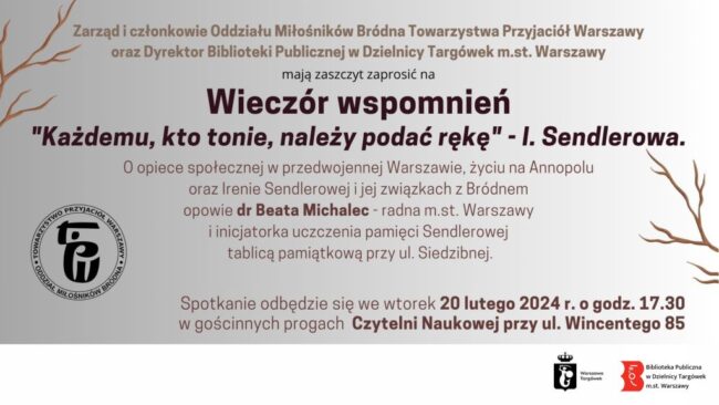 plakat promujący wieczór wspomnień Towarzystwa Przyjaciół Warszawy Oddziału Miłośników Bródna