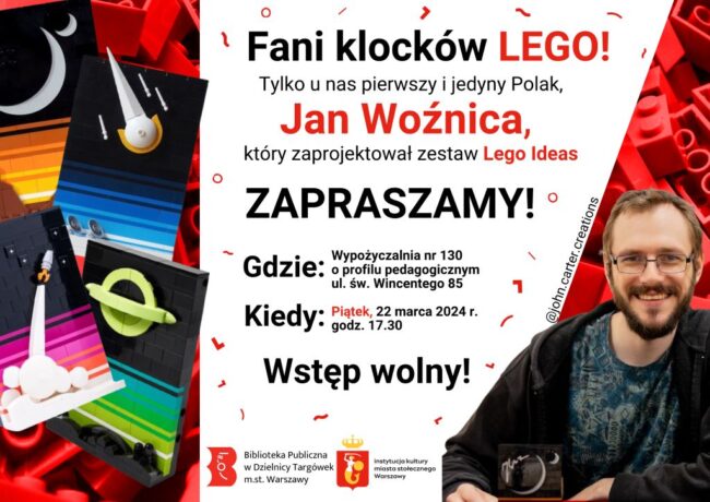na plakacie klocki LEGO, konstrukcje z klocków i uśmiechnięty Jan Woźnica