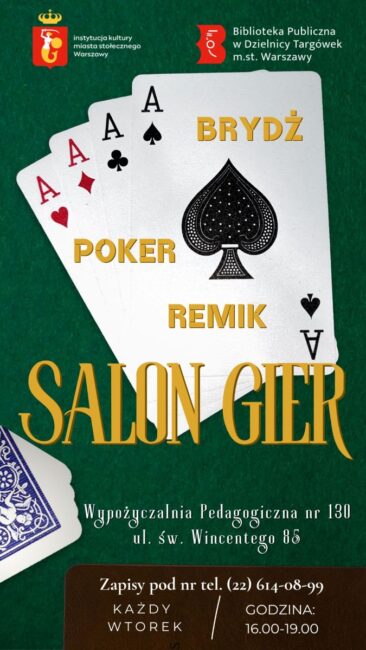 na plakacie karty, plakat promuje salon gier - brydż, poker, remik