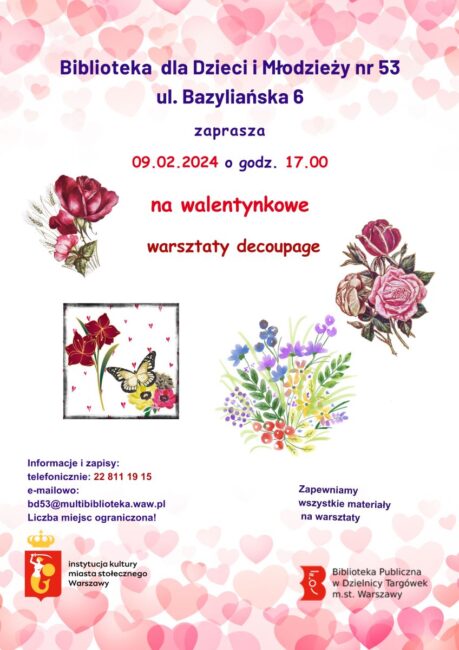na plakacie róże i inne kwiaty, a także motyle; plakat promuje walentynkowe warsztaty decoupage