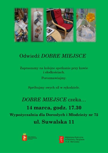 plakat promujące spotkanie integrujące czytelników w Wypożyczalni nr 72 przy ul. Suwalskiej 11