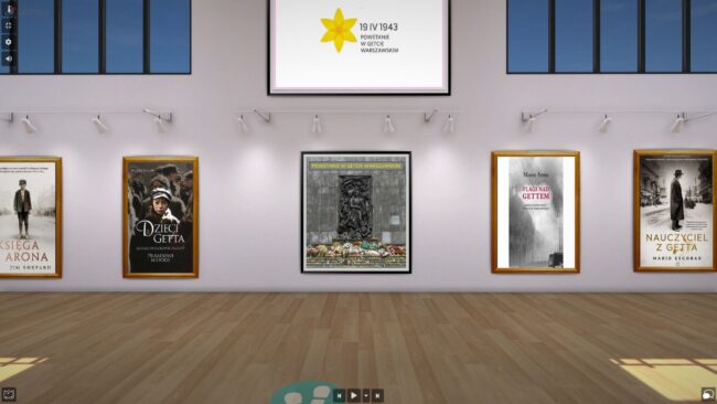 wirtualna sala, na ścianach okładki książek związanych z powstaniem w getcie warszawskim