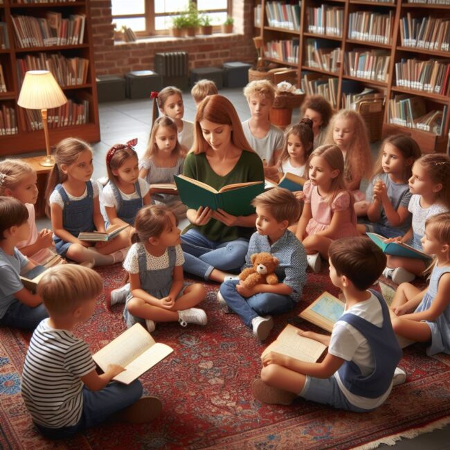 grupa dzieci w bibliotece słucha książki czytanej przez osobę dorosłą prowadzącą zajęcia