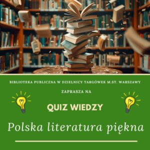 na plakacie książki leżące jedna na drugiej, tworzące kolumnę chwiejącą się, wokół fruwają książki, w tle regały biblioteczne