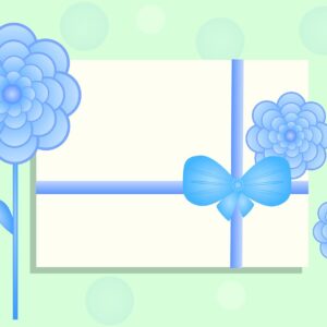 kartka przewiązana wstążką, dookoła kwiaty