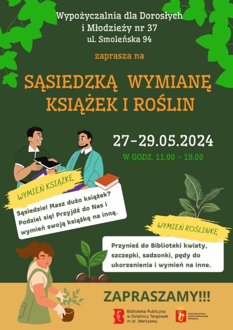 na plakacie kilka osób z roślinami i książkami