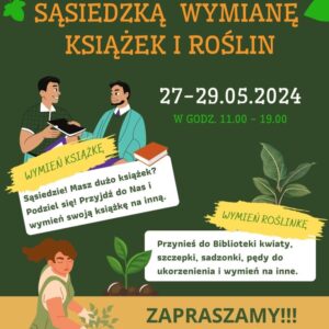 na plakacie kilka osób z roślinami i książkami