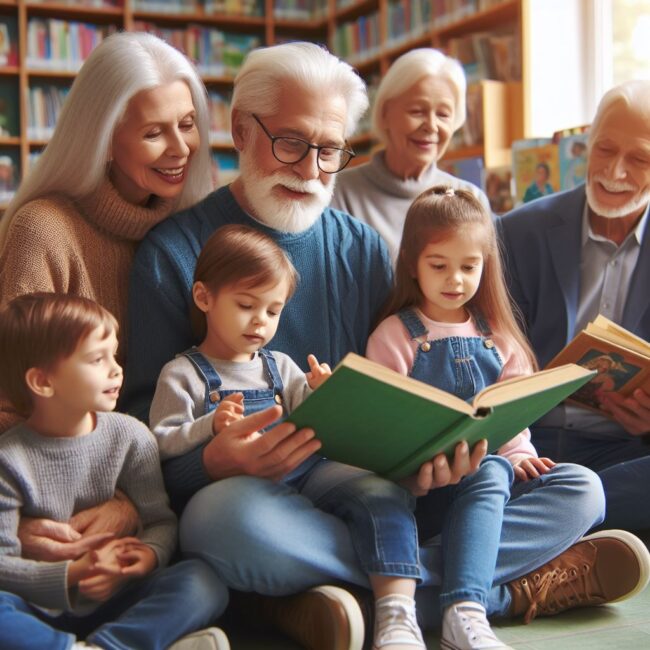 seniorzy czytają dzieciom książki w bibliotece