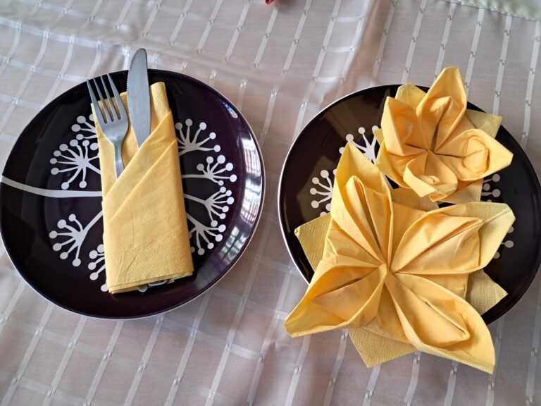 fantazyjnie złożone serwetki leżące na talerzach