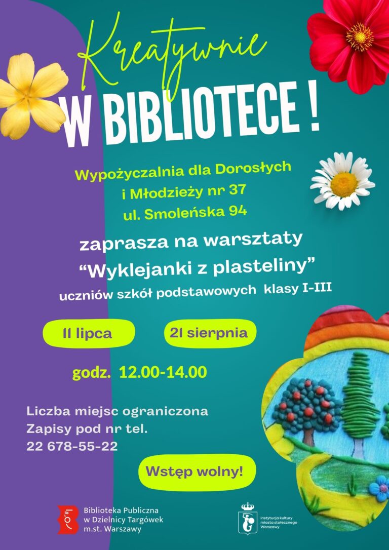 plakat promujący warsztaty kreatywne w bibliotece; na plakacie drzewka z plasteliny