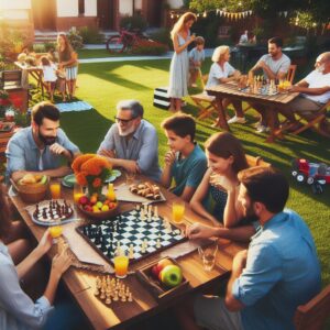 piknik, uczestnicy grają w szachy