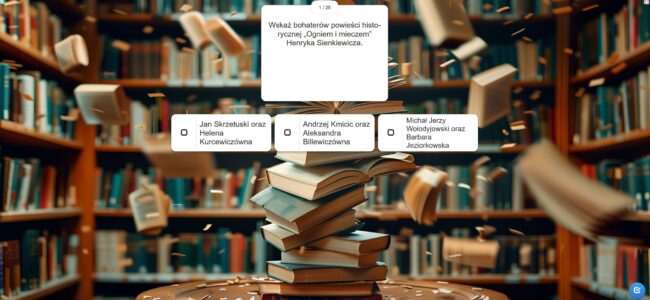 quiz Polska literatura piękna; w tle książki