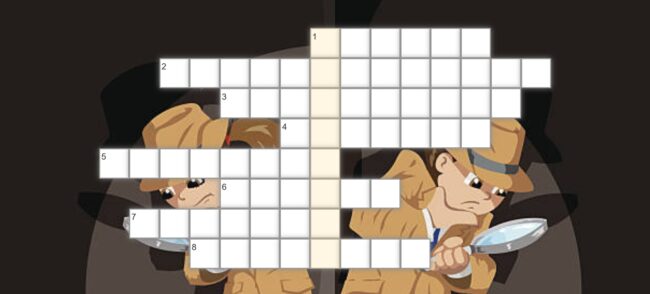 krzyżówka; w tle dwaj detektywi z lupami