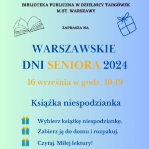 plakat promujący wydarzenie książka-niespodzianka dla seniora podczas warszawskich dni seniora 2024