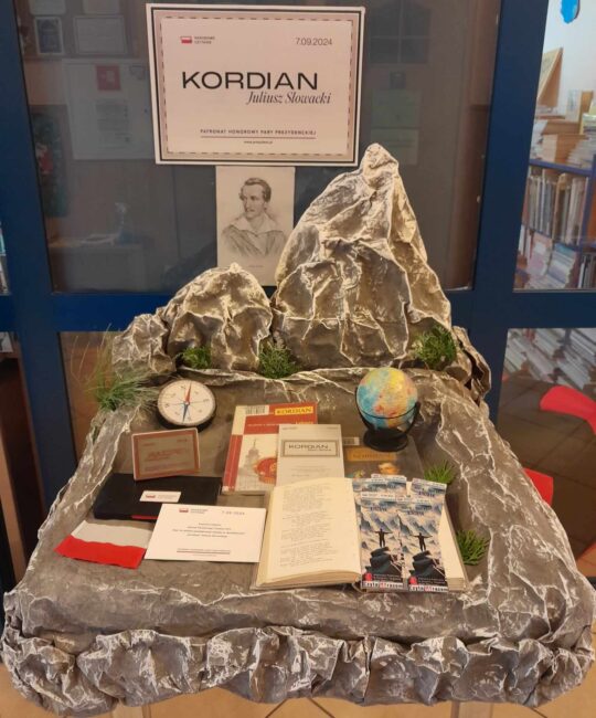 makieta góry Mont Blanc, a na niej m.in. kompas, globus, książki, zakładki do książek