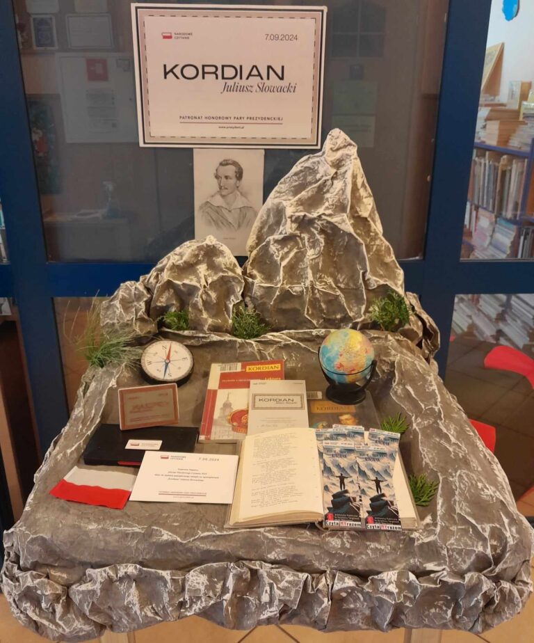 makieta góry Mont Blanc, a na niej m.in. kompas, globus, książki, zakładki do książek