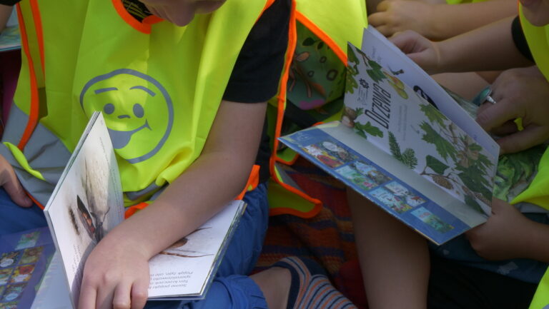 zajęcia biblioteczne dla dzieci; czytanie książki w parku brónowskim