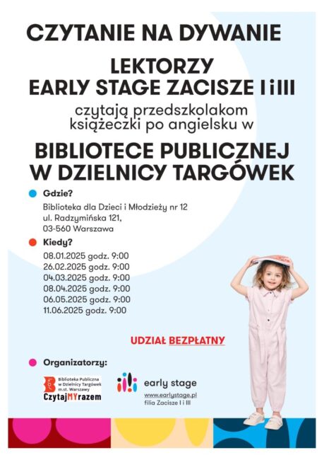 dziewczynka z książką; plakat promuje zajęcia z angielskiego dla dzieci