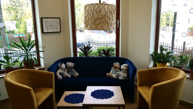 fotele i sofa, na sofie maskotki, obok lampa i regały wypełnione książkami