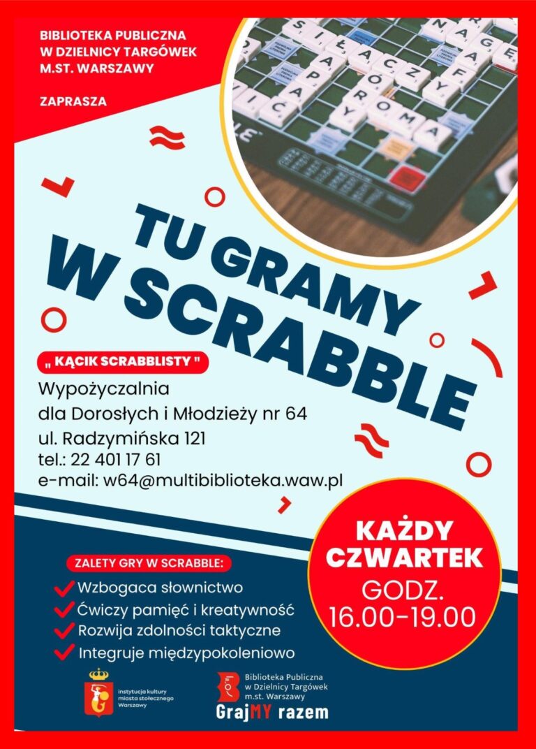 plakat promuje grę w scrabble w bibliotece przy ul. Radzymińskiej 121