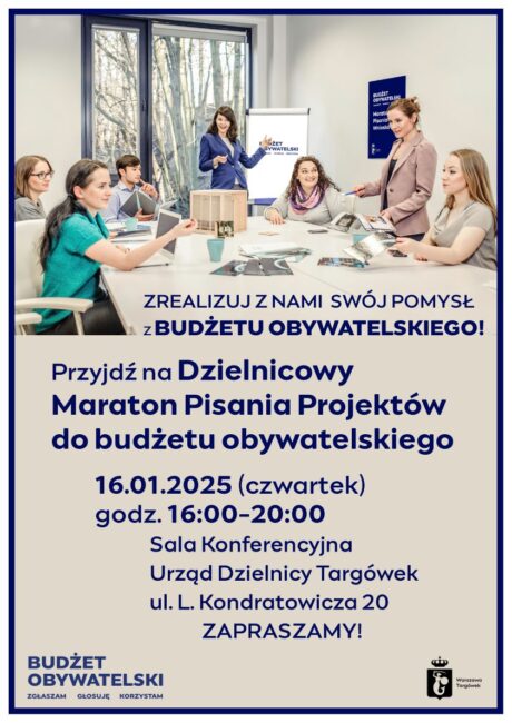 plakat; grupa osób rozmawia przy stole konferencyjnym, w tle napis budżet obywatelski