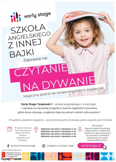 uśmiechnięta dziewczynka trzymająca książkę nad głową; plakat promuje zajęcia języka angielskiego dla dzieci