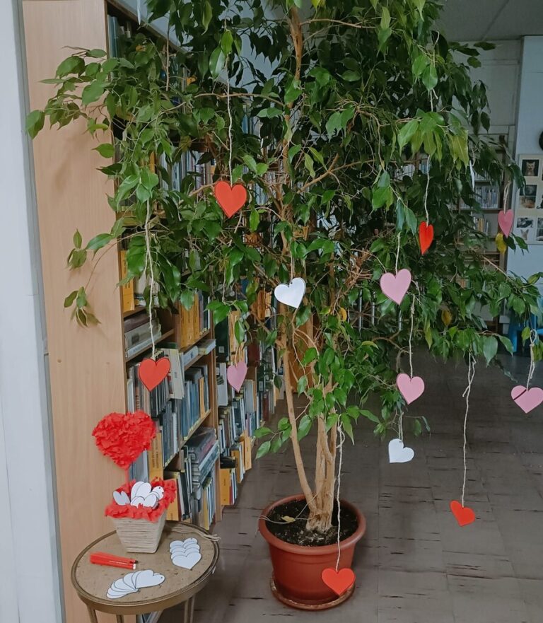 biblioteka i drzewo doniczkowe ozdobione papierowymi sercami
