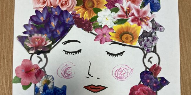 praca plastyczna dziecka - portret z kwiatami we słosach