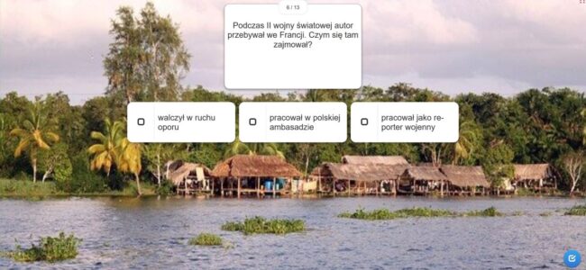 domki na wodzie i palmy; jedno z pytań quizu: Podczas II wojny światowej autor przebywał we Francji. Czym się tam zajmował? a) walczył w ruchu oporu b) pracował w polskiej ambasadzie c) pracował jako reporter wojenny