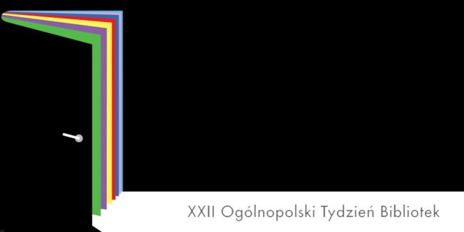 drzwi otoczone mrokiem, zza uchylonych drzwi przebijają kolory, napis XXII Ogólnopolski Tydzień Bibliotek