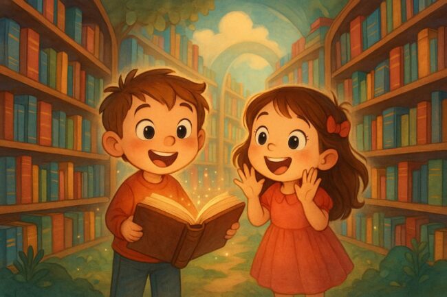 szczęśliwe dzieci czytają książkę w bibliotece