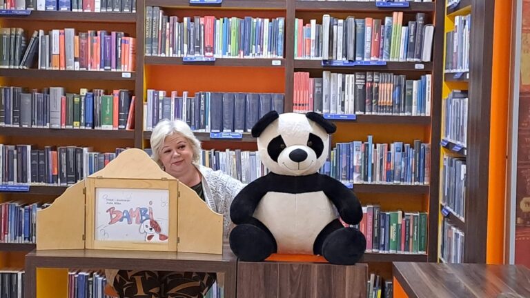 bibliotekarka i panda Wanda prezentują bajkę w teatrzyku kamishibai