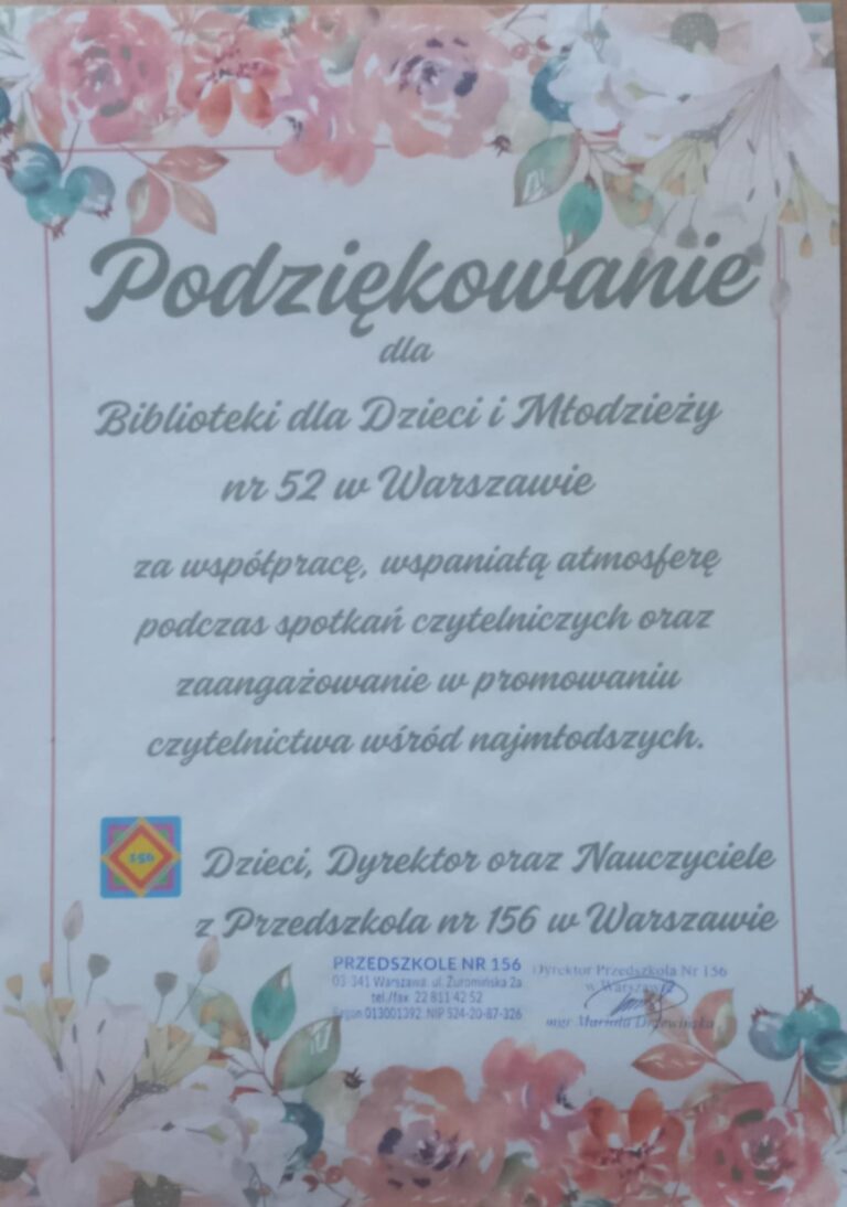 życzenia od przedszkola 156 dla Biblioteki nr 52