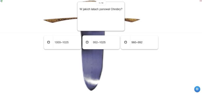 obrazek - miecz; jedno z pytań quizu: W jakich latach panował Chrobry? a) 1000–1025, b) 992–1025 c) 960–992