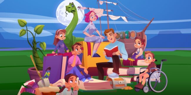 tata czyta głośno książkę reszcie rodziny; wśród nich jest też dinozaur