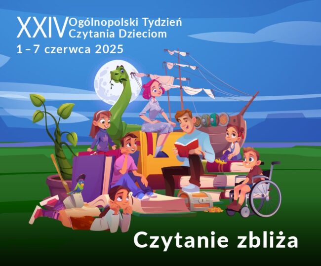 tata czyta głośno książkę reszcie rodziny; wśród nich jest też dinozaur