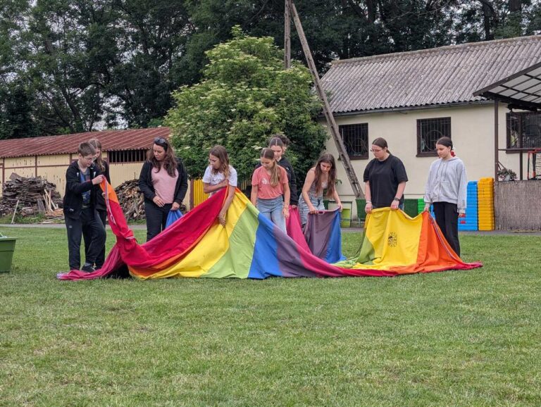 wolontariusze na trawie w folwarku