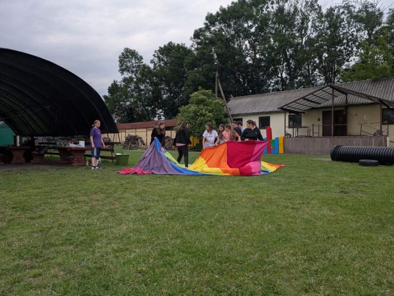 wolontariusze na trawie w folwarku