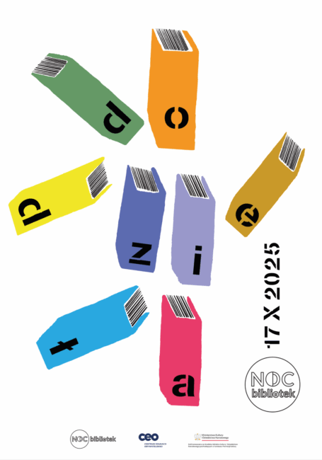 na plakacie są książki - poziomo, pionowo, ukośnie, do góry nogami; na ich grzbietach są litery, które tworzą napis "Do dzieła"; plakat promuje Noc Bibliotek 17 października 2025 roku
