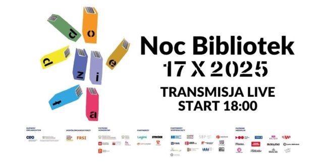 napis Noc Bibliotek 17.10.2025 transmisja start 18.00