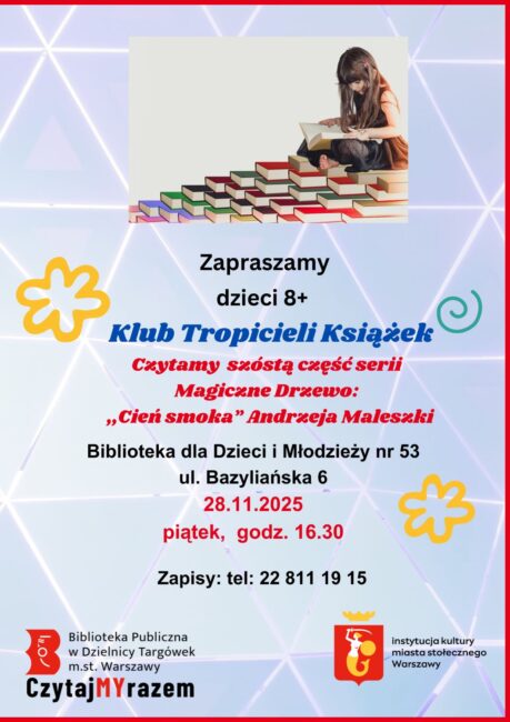 na plakacie dziecko siedzi na górze książek i czyta książkę